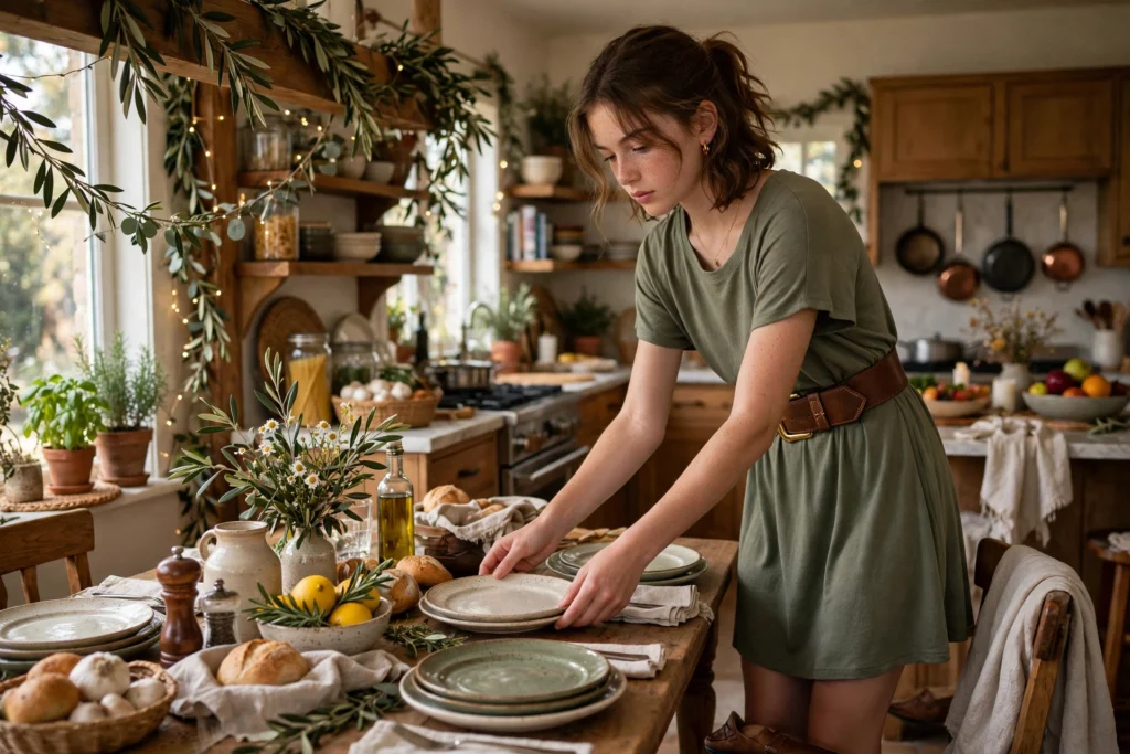 Teen in a jersey swing dress and statement belt setting a festive family table.