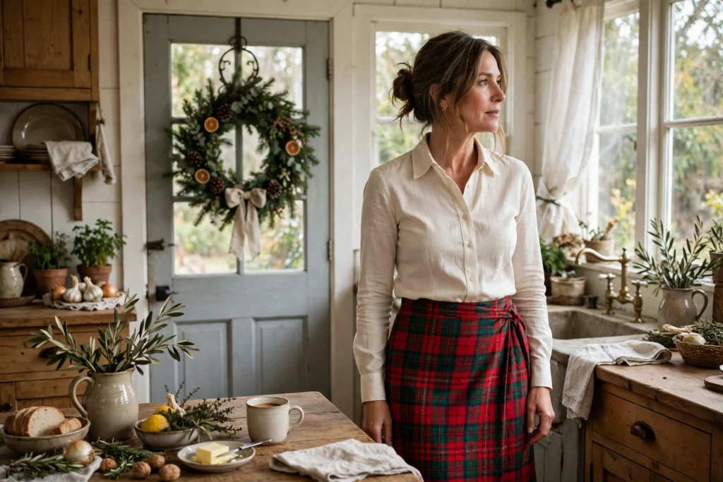 Woman wearing a red and green plaid wool wrap skirt with blouse.