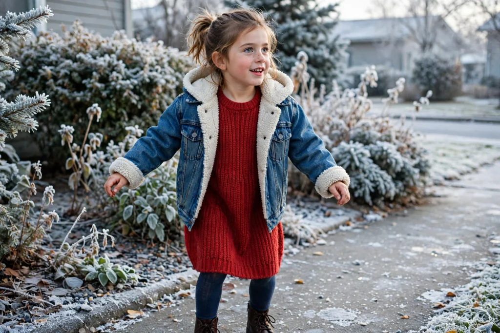 Young child in a sherpa-lined denim jacket over a knit dress outside