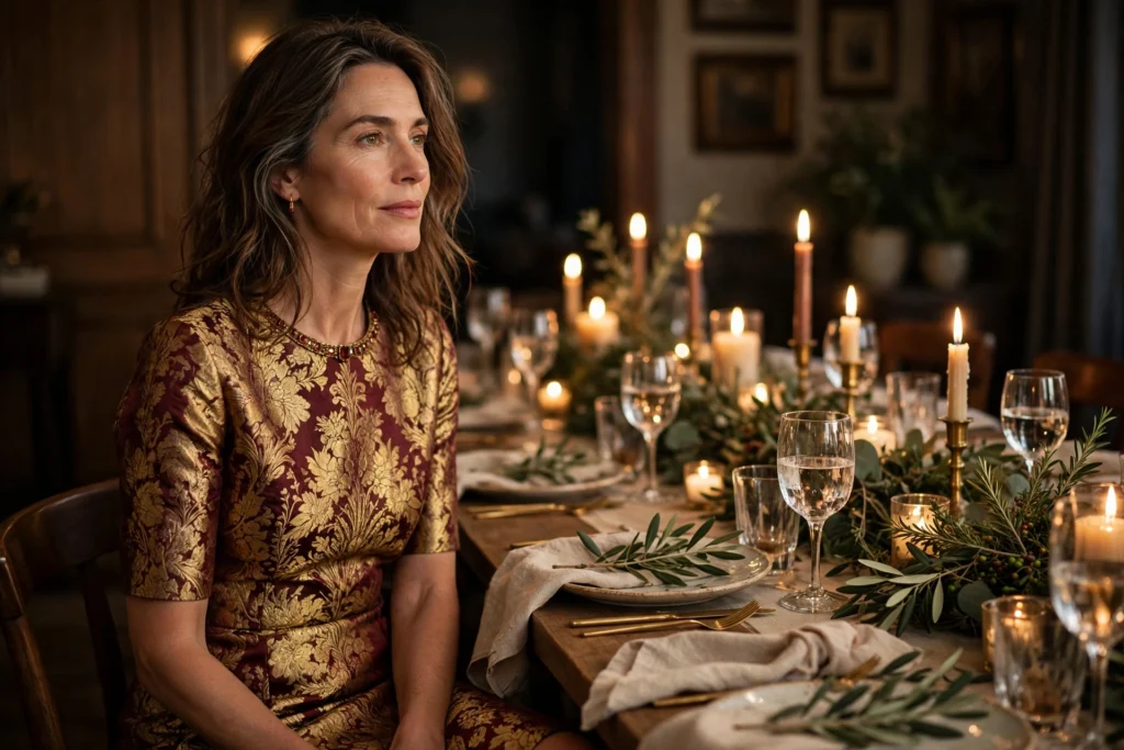 Woman wearing a gold and burgundy brocade column dress at a candlelit table.