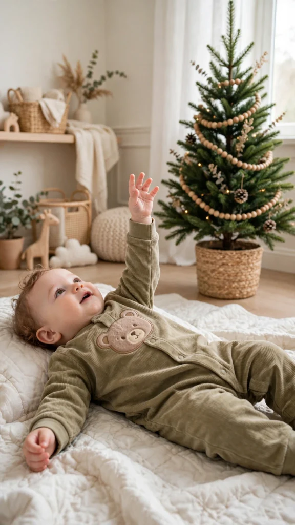 Matching Family Christmas Pajamas for a Cozy Morning Together 17 Baby in a corduroy snap-front pajama suit with a bear applique on a blanket