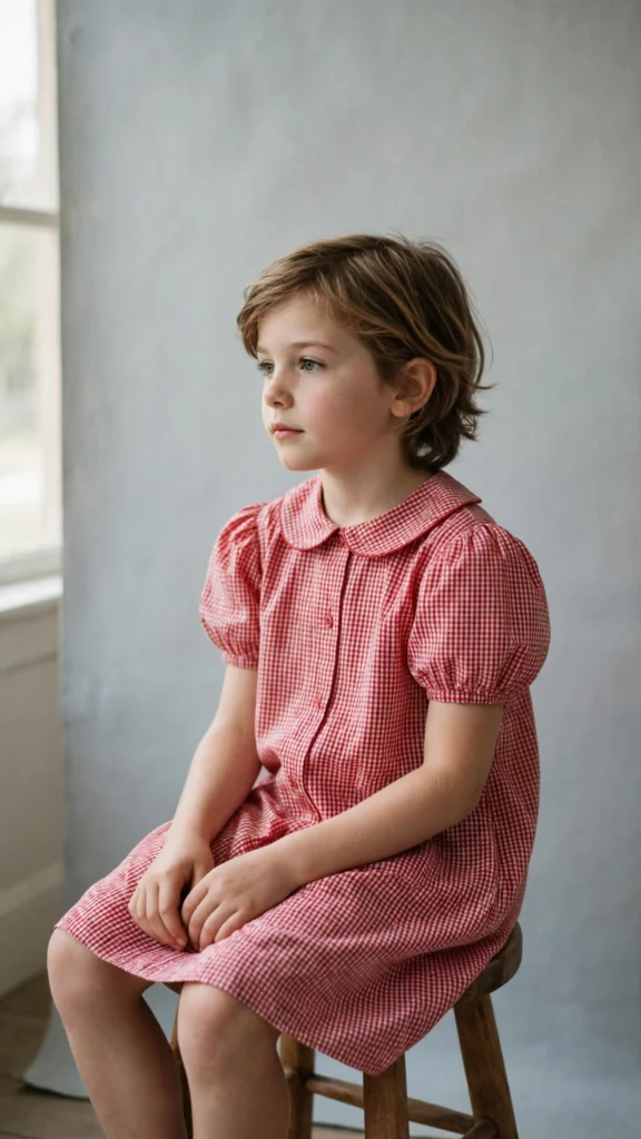 Young child in a gingham puff-sleeve dress with a Peter Pan collar