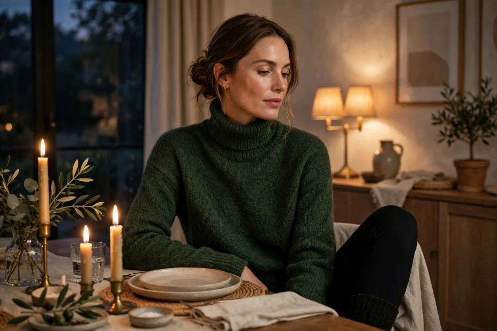 Woman in a green merino turtleneck sweater and black leggings.