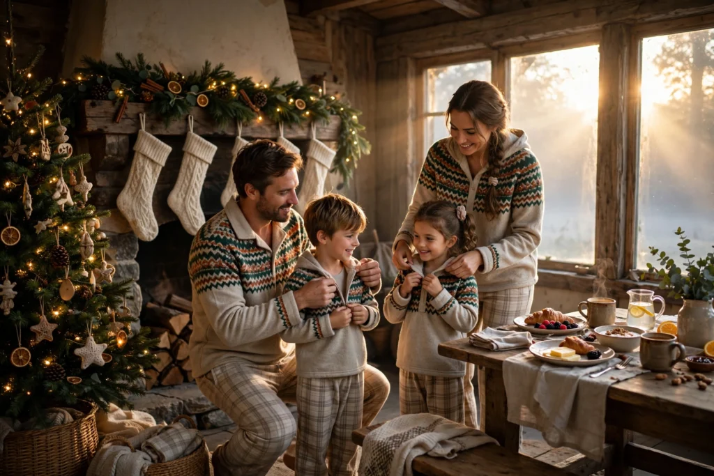 Matching Family Christmas Pajamas for a Cozy Morning Together 18 Family in Fair Isle flannel pajamas gathered around a Christmas tree at dawn