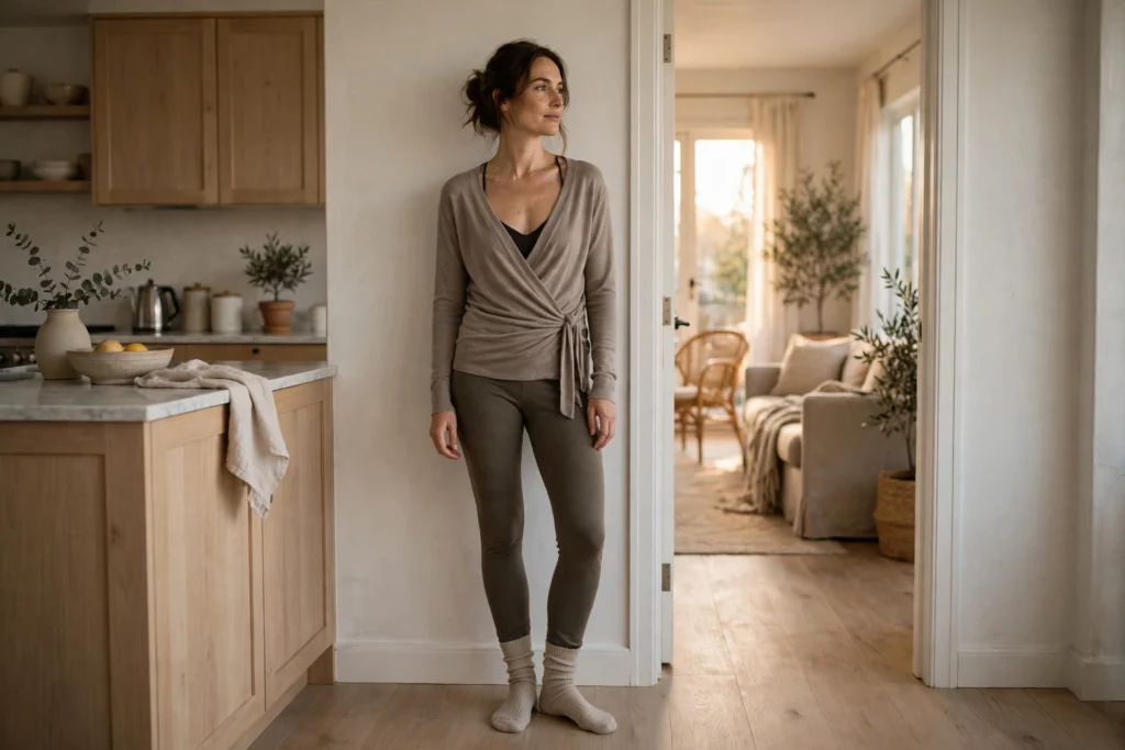 Woman in a taupe modal cardigan and jersey leggings at home.