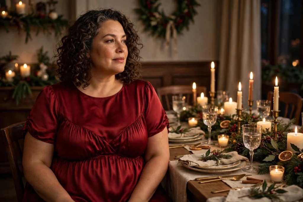 Plus Size Christmas Outfits That Fit and Flatter 18 Woman in a deep red satin empire-waist dress at a candlelit dinner