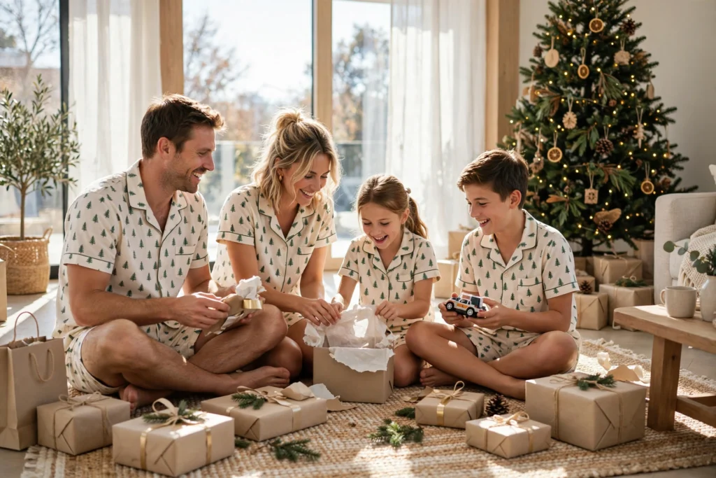 Matching Family Christmas Pajamas for a Cozy Morning Together 19 Family in short cotton tree-print pajamas opening gifts in a sunny living room