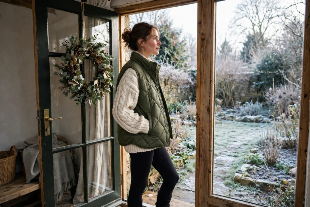Woman in an olive quilted vest over a chunky sweater.