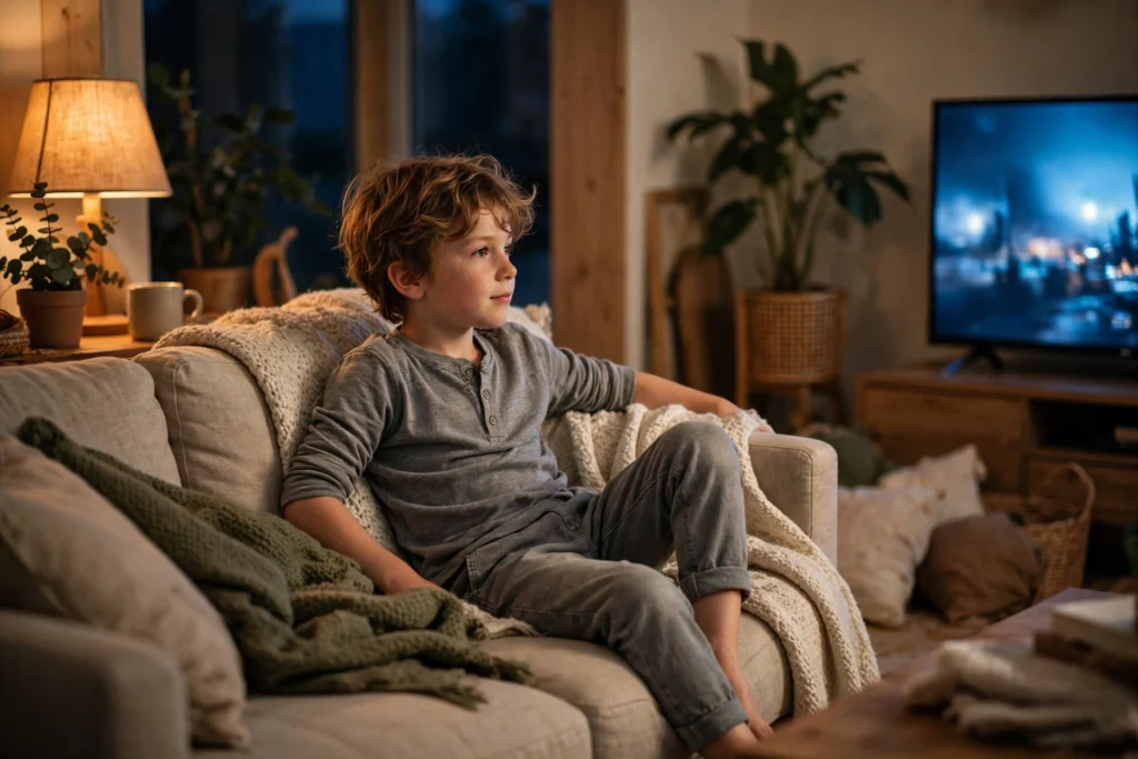 Young child in a brushed cotton henley with cuffed jogger pants at home
