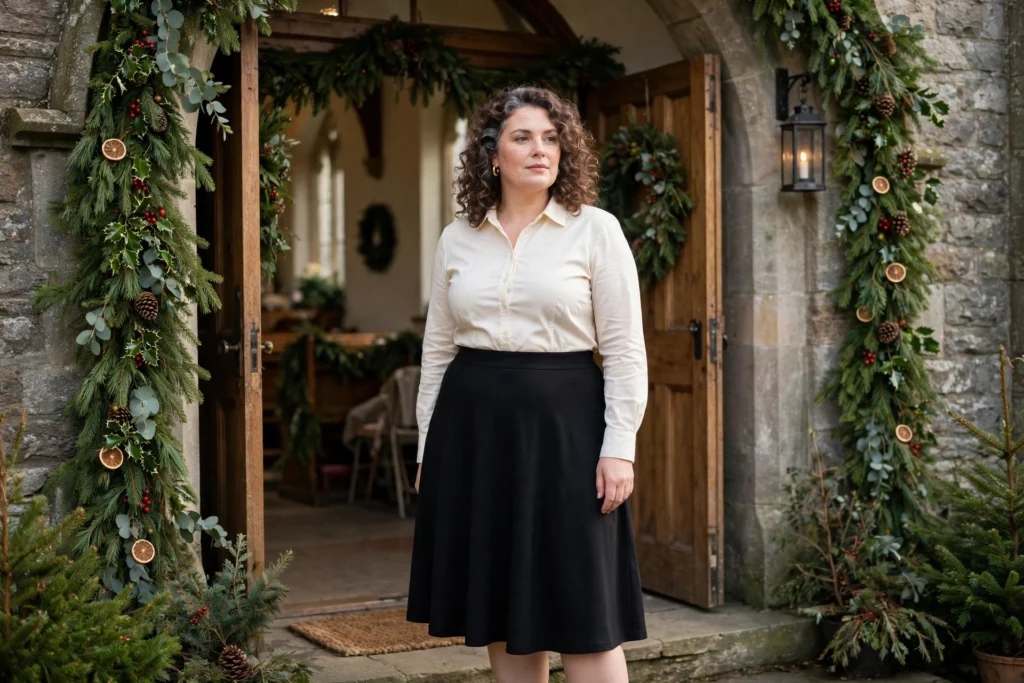 Plus Size Christmas Outfits That Fit and Flatter 20 Woman in a black jersey A-line skirt and cream blouse at Christmas morning