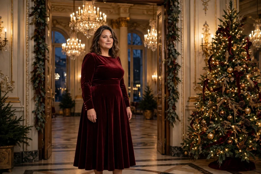 Plus Size Christmas Outfits That Fit and Flatter 21 Woman in a burgundy velvet fit-and-flare gown at a formal Christmas evening