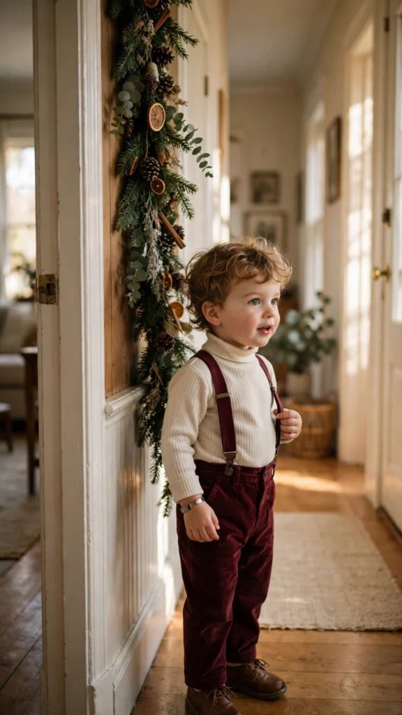 Toddler in velvet suspender trousers with a ribbed turtleneck at home