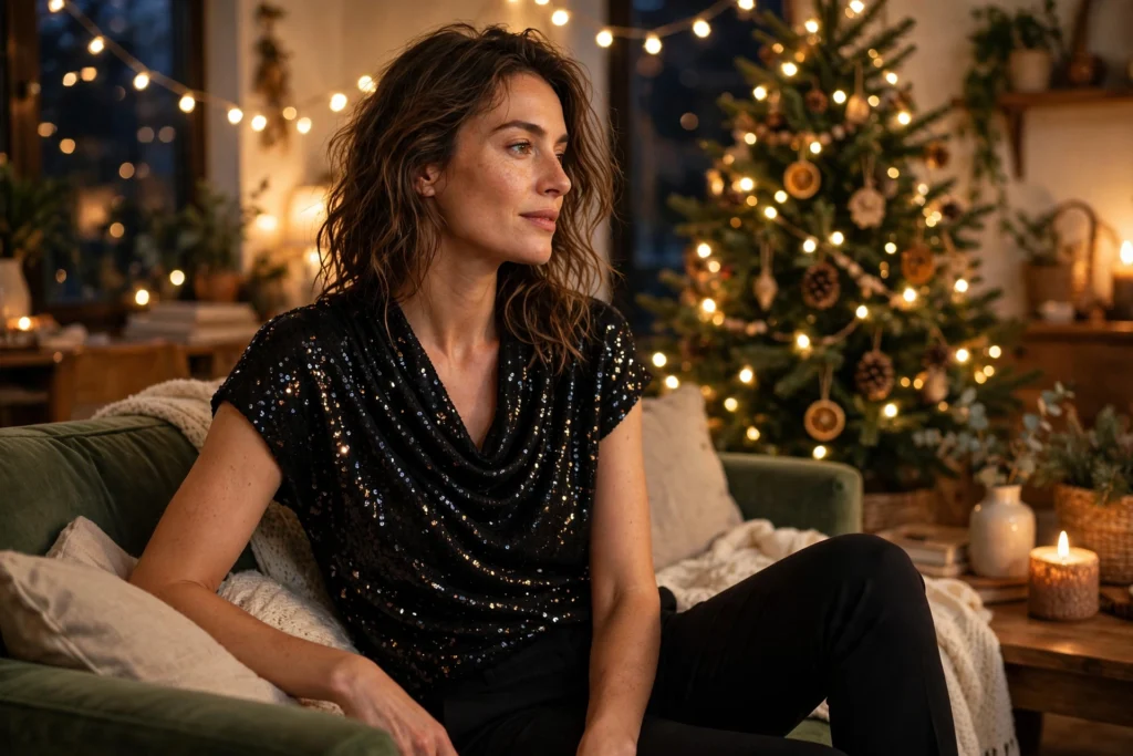 Woman wearing a black sequin cowl-neck top with slim black trousers.