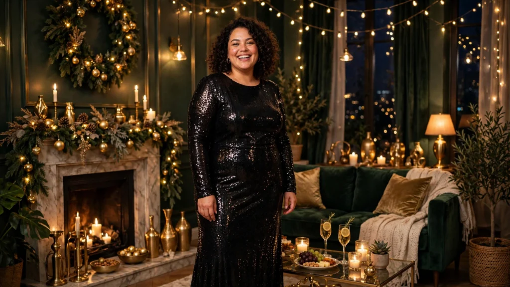 Plus Size Christmas Outfits That Fit and Flatter 22 Woman in a black sequin sheath dress with a floor-length hem at night