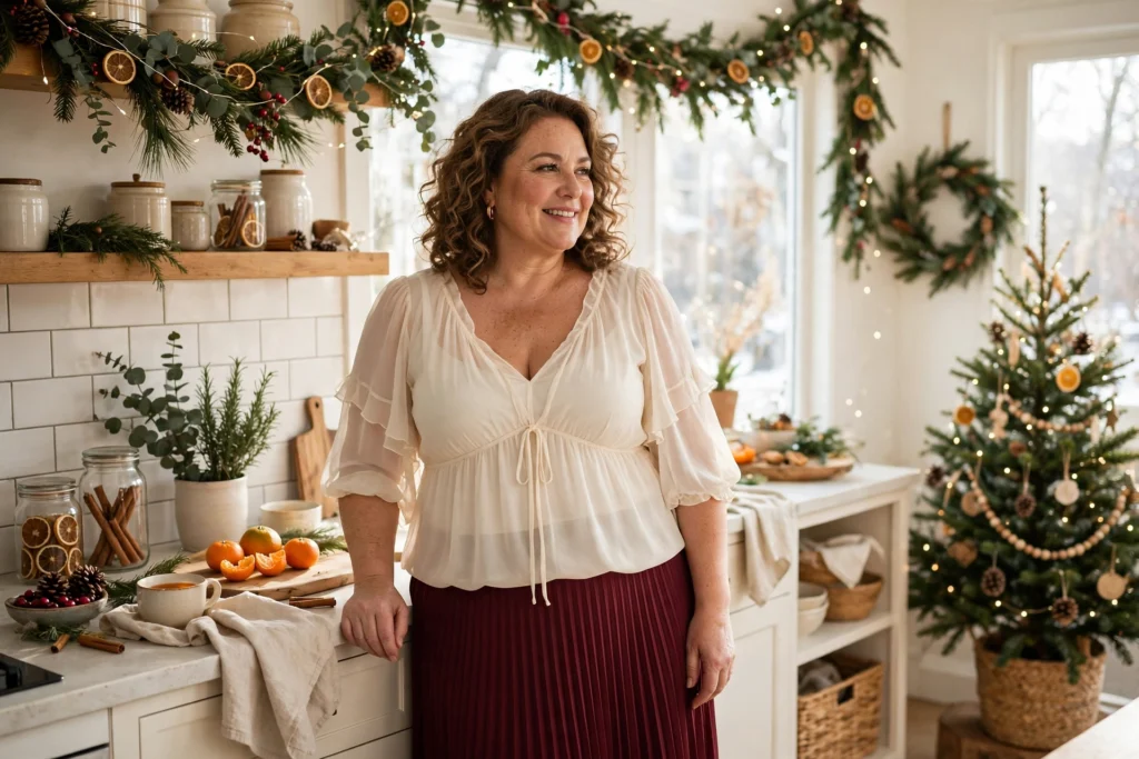 Plus Size Christmas Outfits That Fit and Flatter 23 Woman in a cream chiffon blouse and burgundy pleated skirt in a kitchen