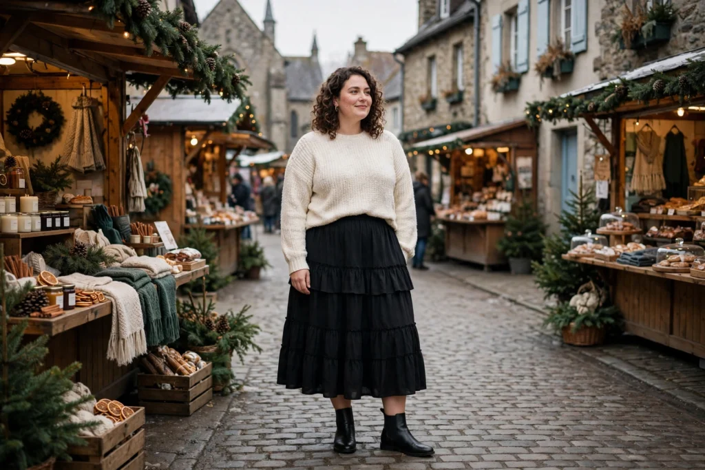 Plus Size Christmas Outfits That Fit and Flatter 24 Woman in a black ponte tiered skirt and cream sweater at a Christmas market