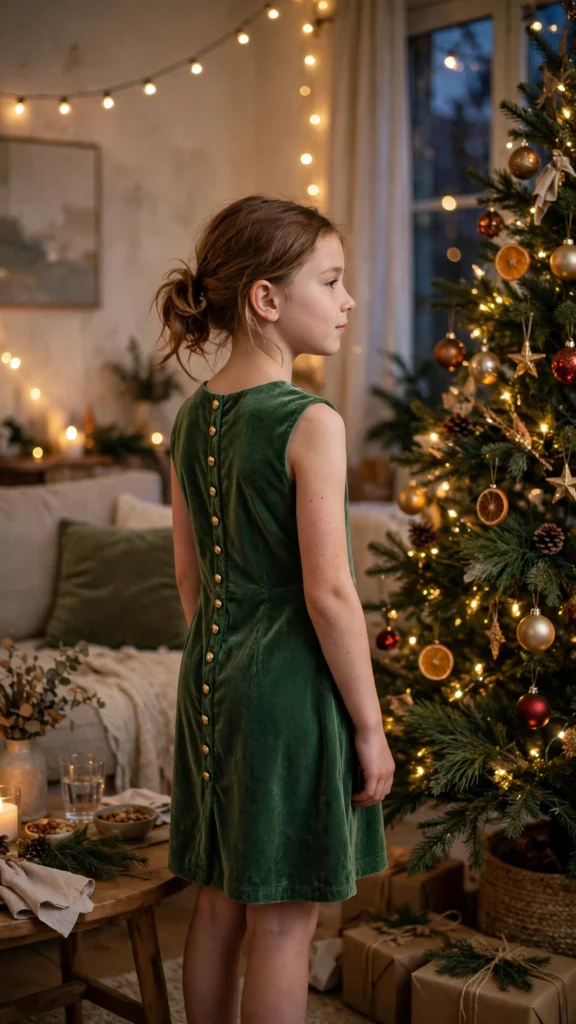 Older child in a velvet shift dress with gold buttons at a party