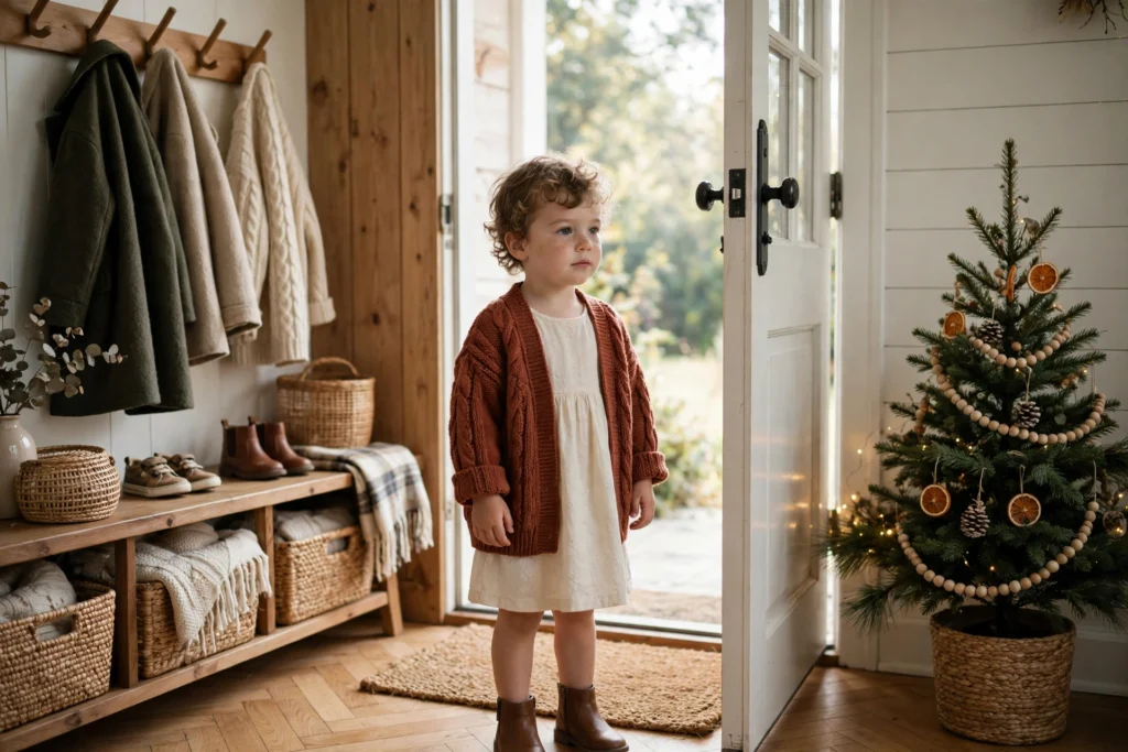 Toddler in an open-front knit cardigan over a cotton dress indoors