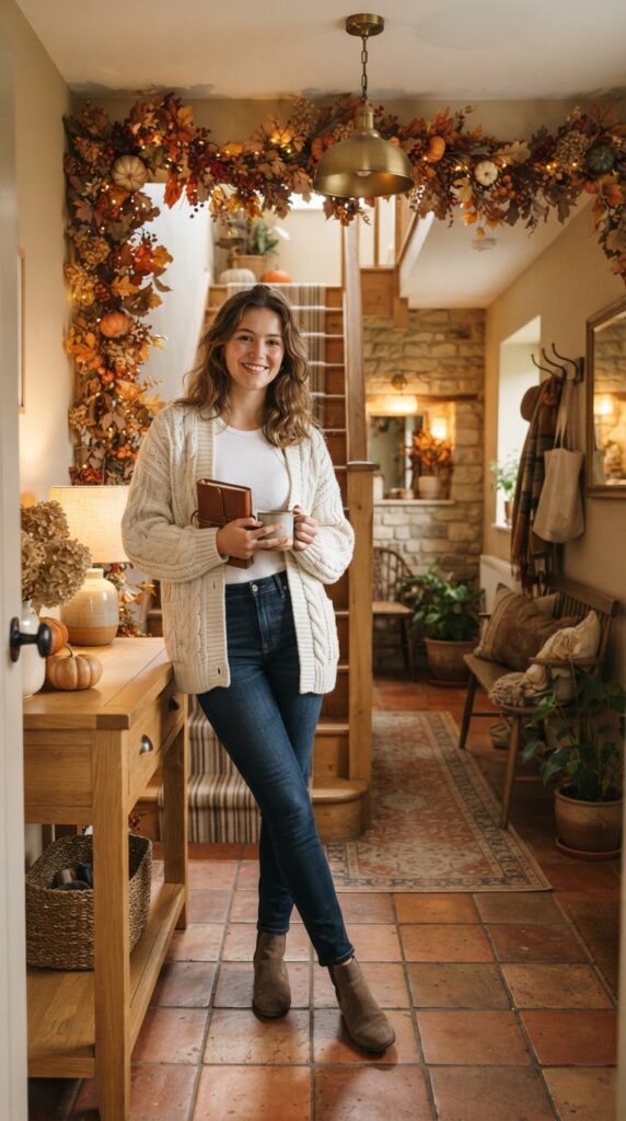 Young woman wearing a cream open front cardigan standing in entryway.