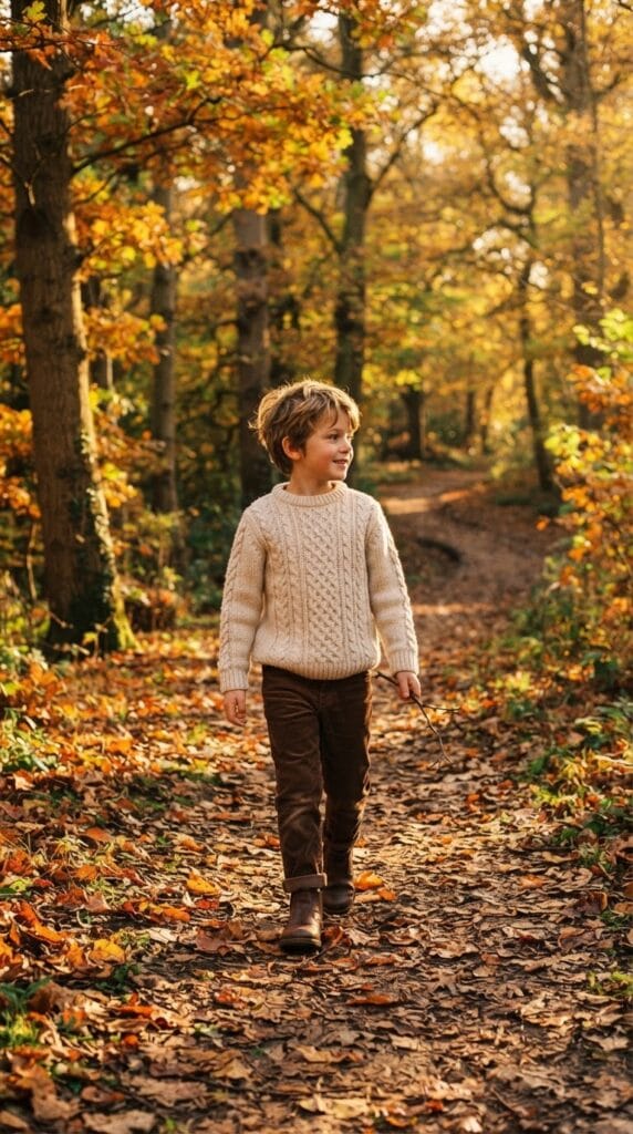 Kids Thanksgiving Outfits That Are Adorable and Practical 10 Boy wearing cream cable knit sweater and brown corduroy trousers walking on wooded trail.