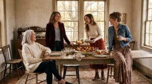 Women in cozy knits, corduroy, and wrap dresses gathered at a sunlit Thanksgiving table