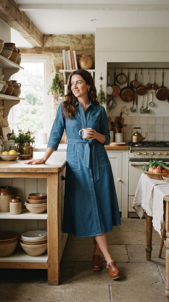 Thanksgiving Outfits Under $40 That Still Feel Special 9 Woman wearing a belted blue chambray midi dress in a farmhouse kitchen.
