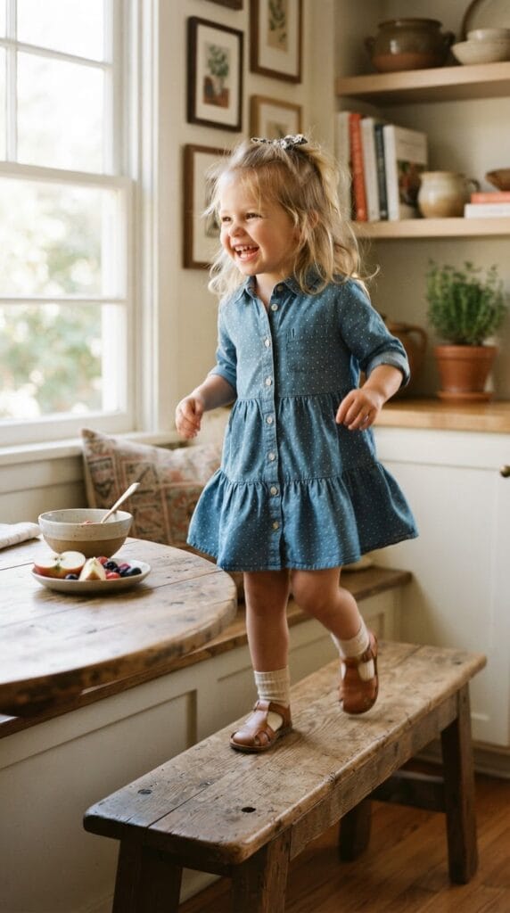 Kids Thanksgiving Outfits That Are Adorable and Practical 11 Toddler girl wearing blue chambray shirt dress standing near bright kitchen breakfast nook.