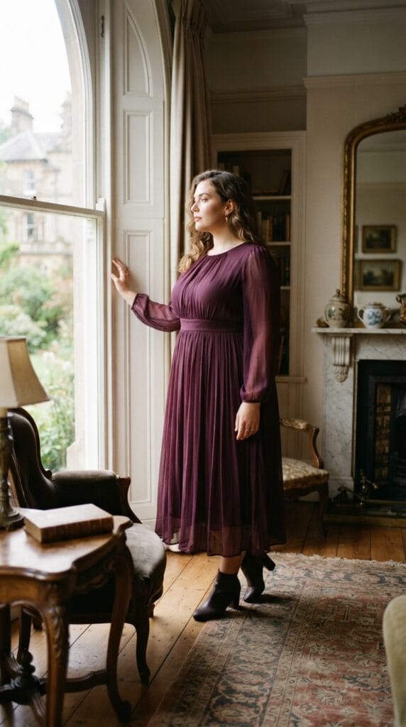 Plus-size plum chiffon empire-waist midi dress with sheer sleeves in an elegant room.