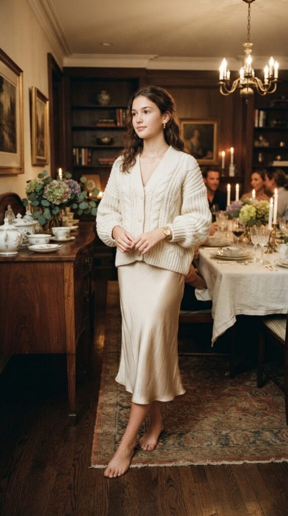 A teenage girl wearing a cream chunky cardigan and champagne satin slip skirt.