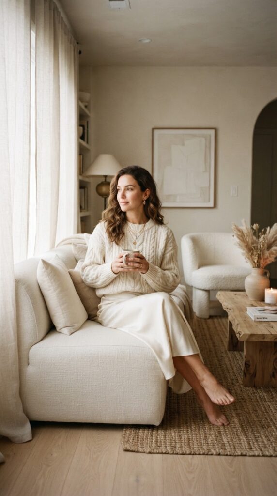 Thanksgiving Outfits Under $40 That Still Feel Special 7 Woman in a cream chunky knit sweater and satin midi skirt.
