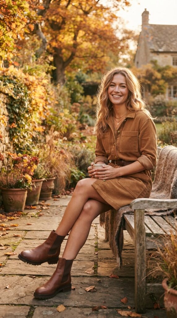 Thanksgiving Outfits Under $40 That Still Feel Special 3 Woman in a caramel corduroy shift dress standing on a stone patio.