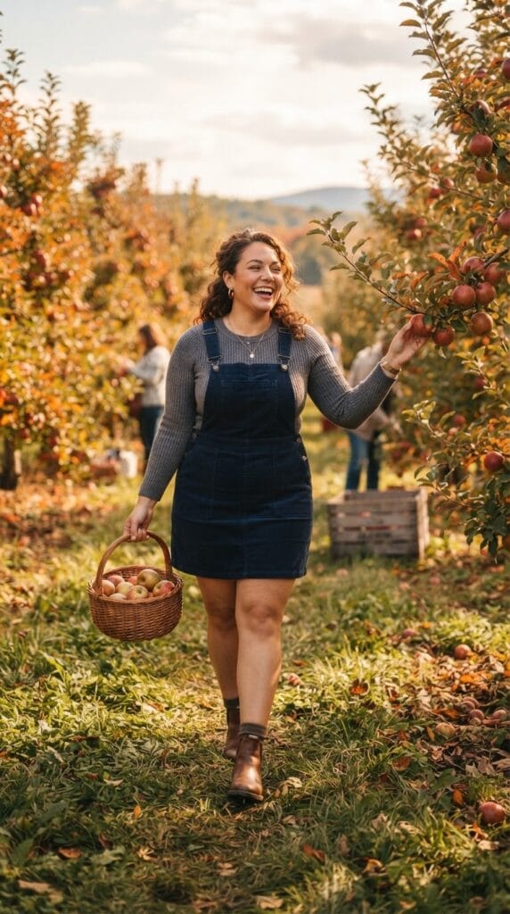 Plus-size navy blue corduroy overall dress styled over a fitted gray knit top.