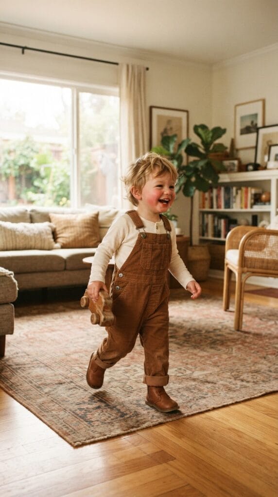 Kids Thanksgiving Outfits That Are Adorable and Practical 2 Toddler boy wearing chestnut corduroy overalls and cream long-sleeve cotton shirt playing on floor.