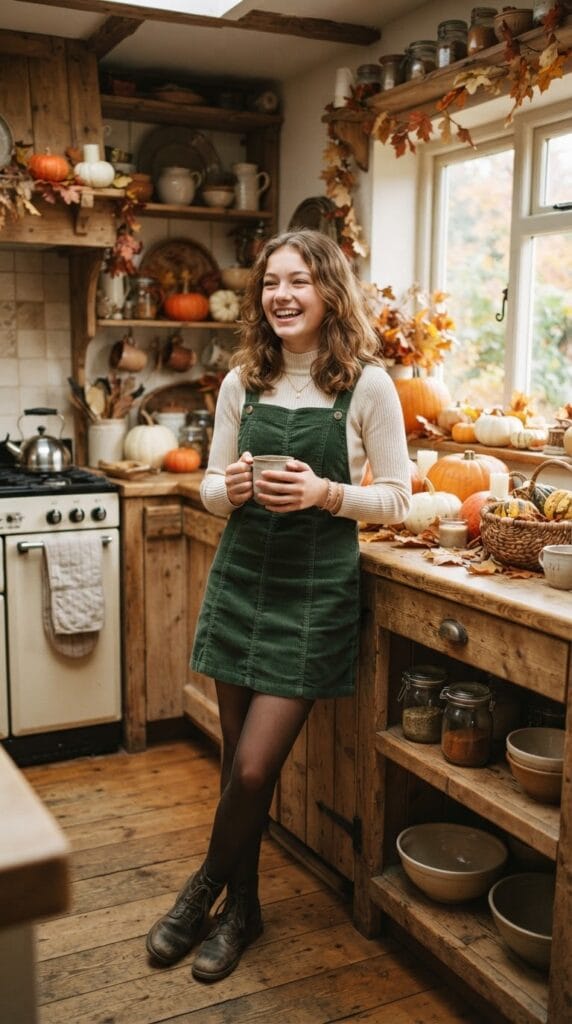 A teen girl wearing a forest green corduroy pinafore dress over a cream mock-neck top.