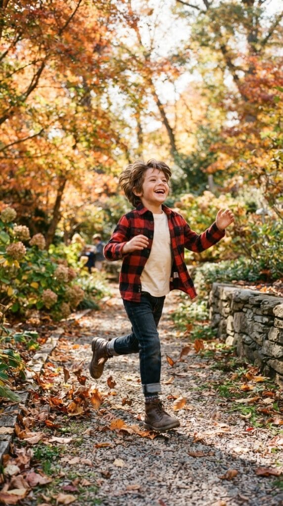 Kids Thanksgiving Outfits That Are Adorable and Practical 6 Young boy in red and black cotton flannel shirt and dark denim jeans outdoors.
