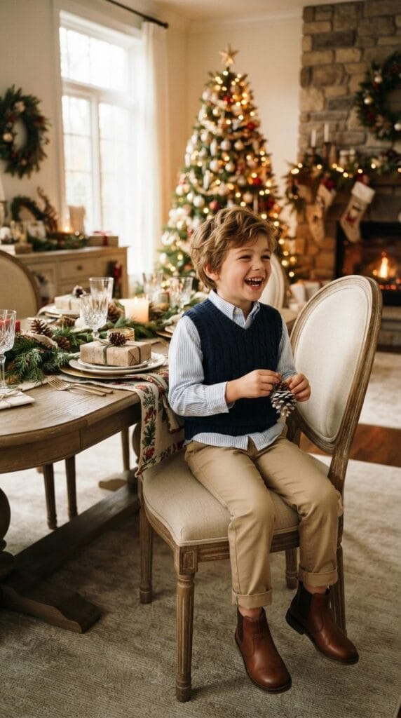 Kids Thanksgiving Outfits That Are Adorable and Practical 4 Young boy wearing a navy knit sweater vest and khaki chinos standing by table.