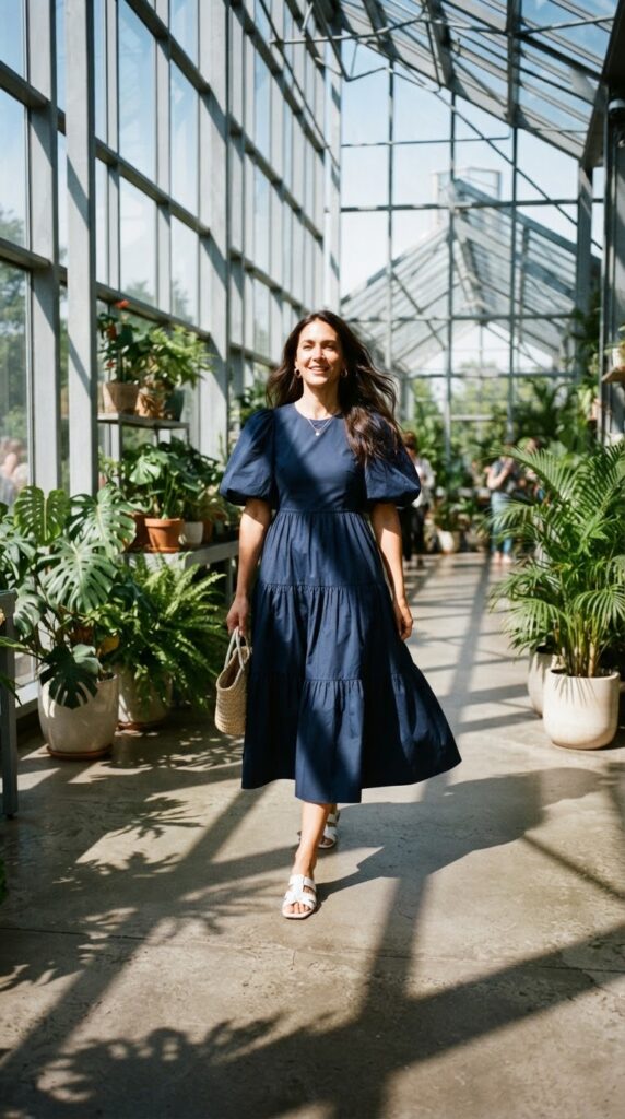 Thanksgiving Outfits Under $40 That Still Feel Special 8 Woman wearing a navy cotton poplin tiered dress with puff sleeves.