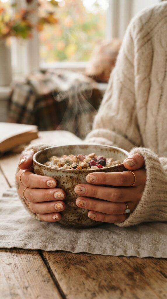 Creamy oat neutral nails featuring abstract orange pumpkin patch linework for fall outfits.