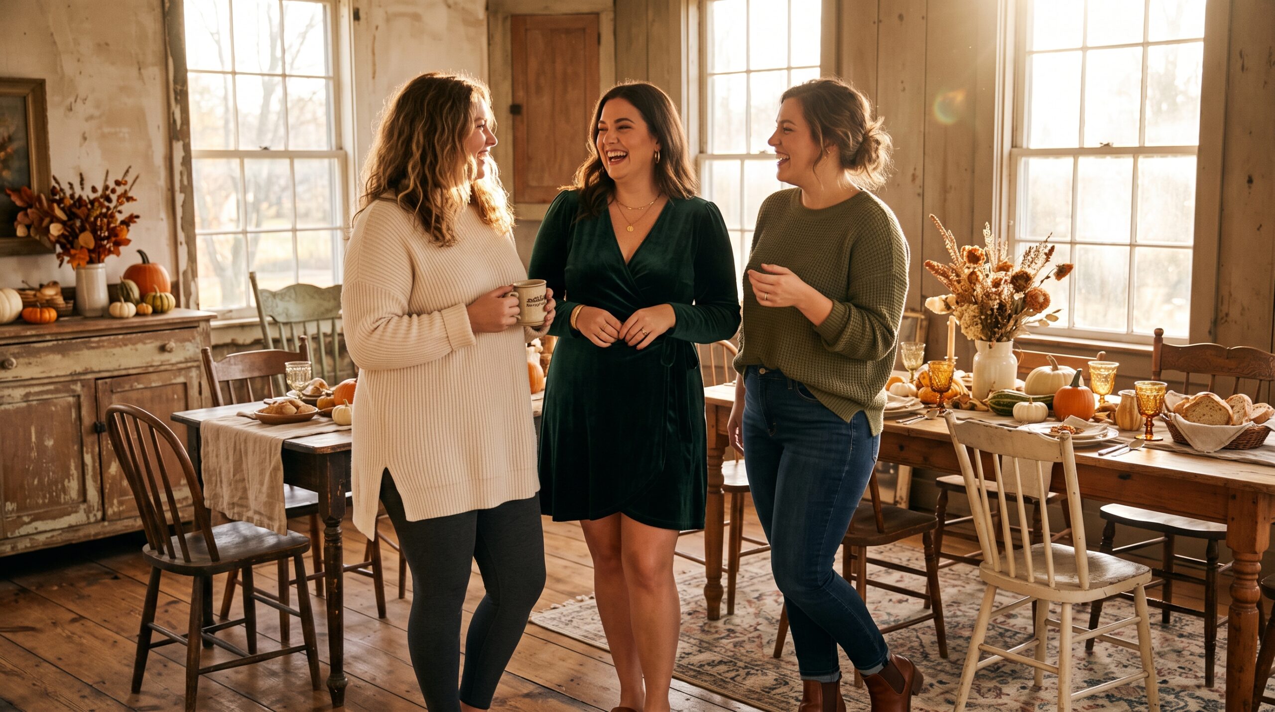 Three curvy women smile together, modeling cozy casual autumn outfits in a sunny dining room.