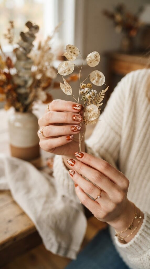 Burnt orange pumpkin spice nails decorated with delicate white hand painted floral linework.