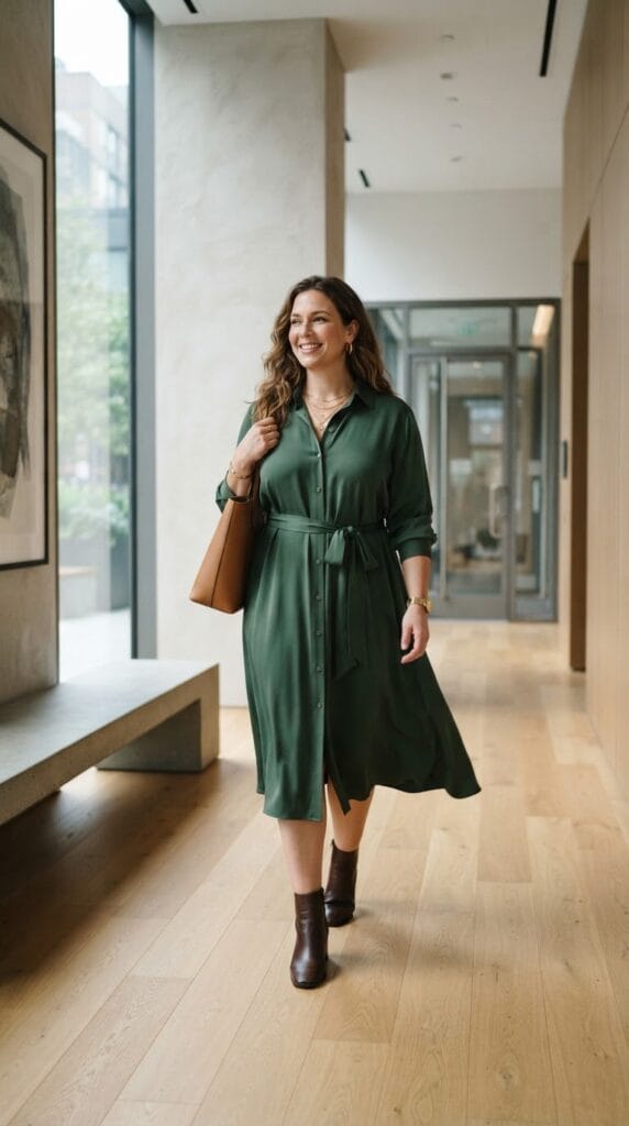 Plus-size forest-green drapey cupro shirt dress with a matching fabric belt.