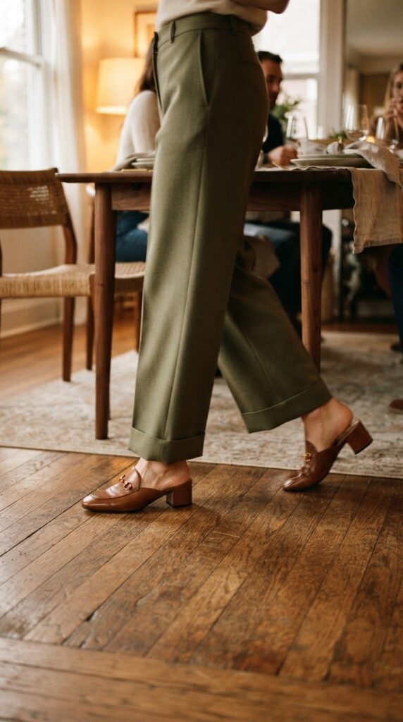 Close up shot of host wearing comfortable low block heel mules indoors.