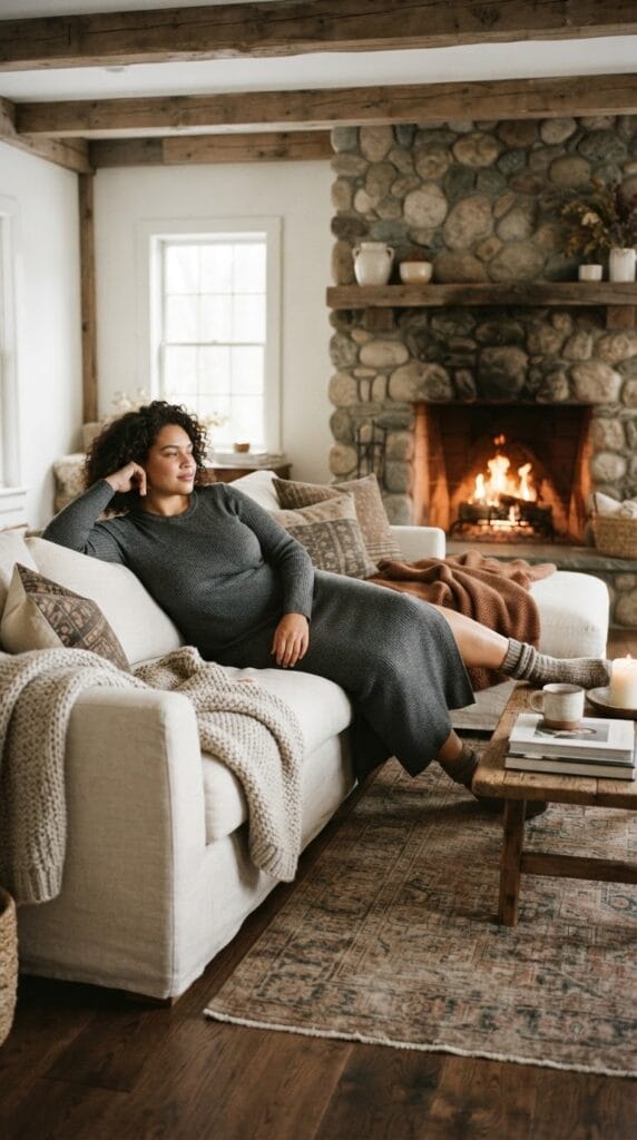 Plus-size charcoal gray fine-gauge knit maxi dress with side slits on a sofa.
