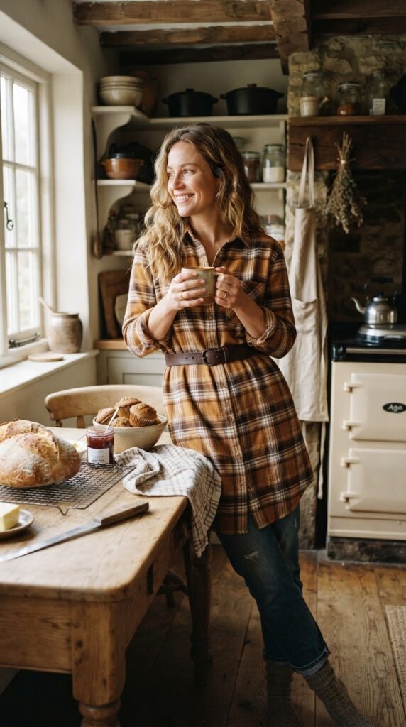 Thanksgiving Outfits Under $40 That Still Feel Special 17 Woman in a tied amber plaid flannel shirt dress in a kitchen.