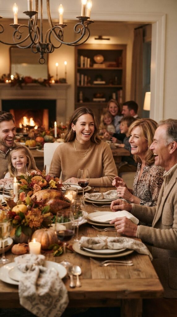 Seated host wearing a camel mock neck sweater at Thanksgiving dinner table.