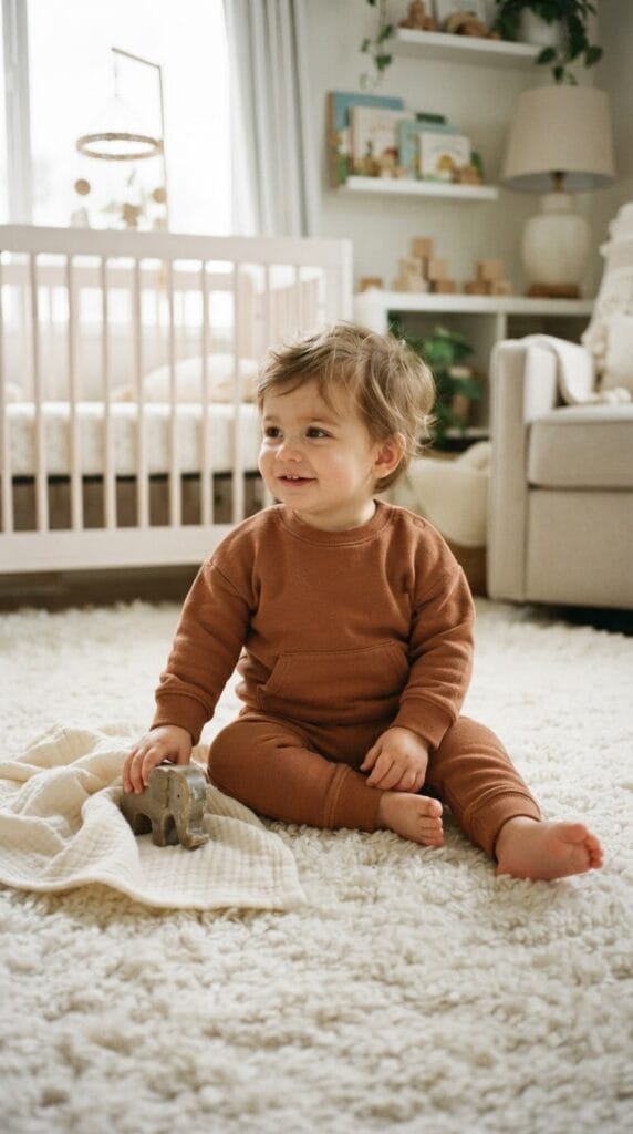 Kids Thanksgiving Outfits That Are Adorable and Practical 8 Baby wearing rust-colored French terry sweatshirt and joggers matching set sitting on white rug.