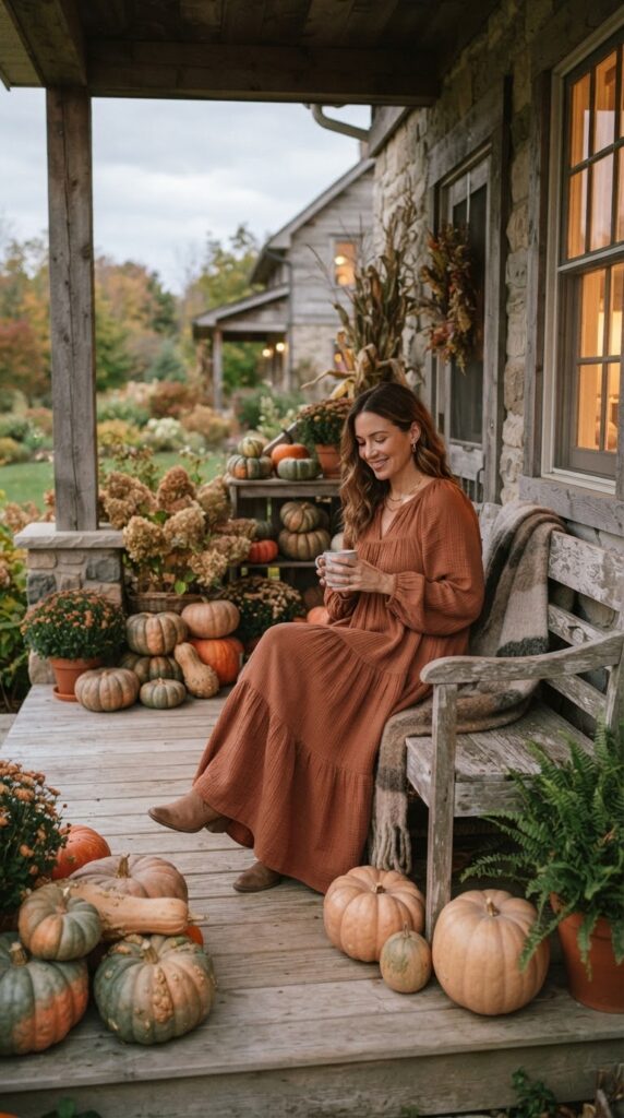 Thanksgiving Outfits Under $40 That Still Feel Special 11 Woman wearing a terra-cotta cotton gauze tiered maxi dress on a porch.