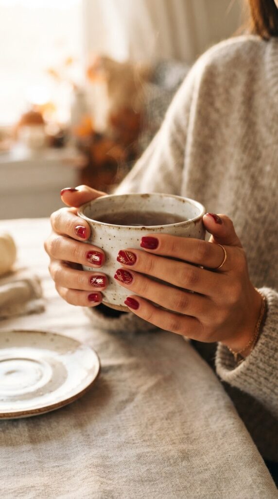 Glossy cranberry red nails detailed with fine gold leaf line art for Thanksgiving.