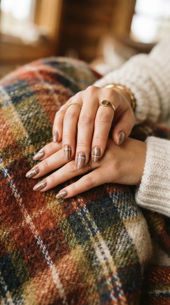 Glossy taupe nails detailed with delicate hand drawn burgundy and mustard harvest plaid.