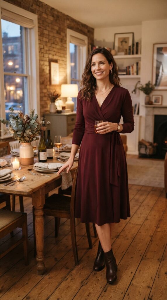 Thanksgiving Outfits Under $40 That Still Feel Special 12 Woman wearing a draped burgundy jersey wrap dress in a townhouse.